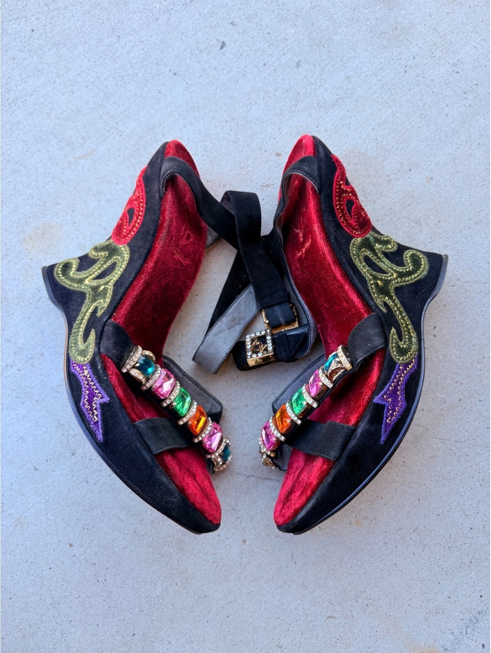 Y2K Vintage RARE Baby Phat Wedge Heel Platforms Colorful Stone Embellishment - Picture 2 of 8
